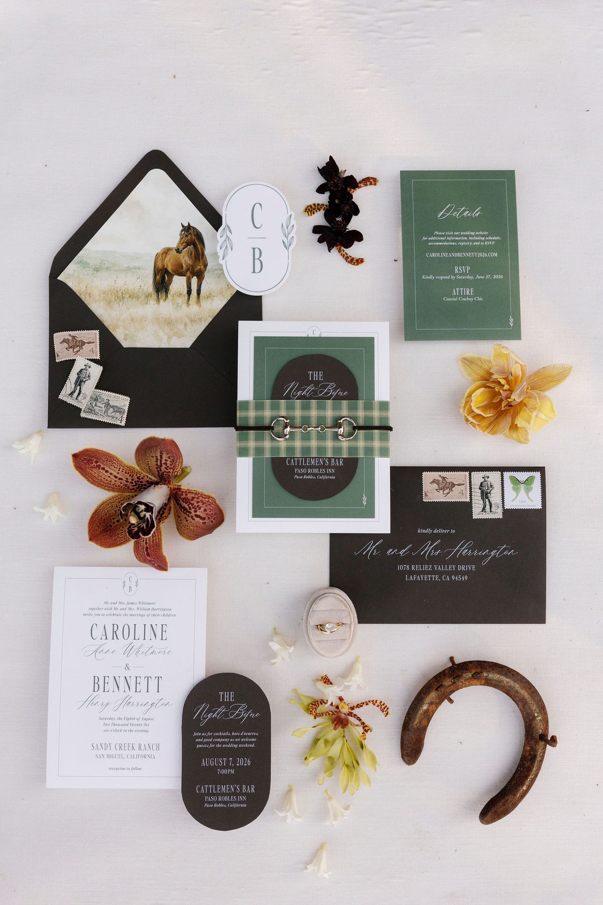 The invitation suite, with a palomino on the envelope liner