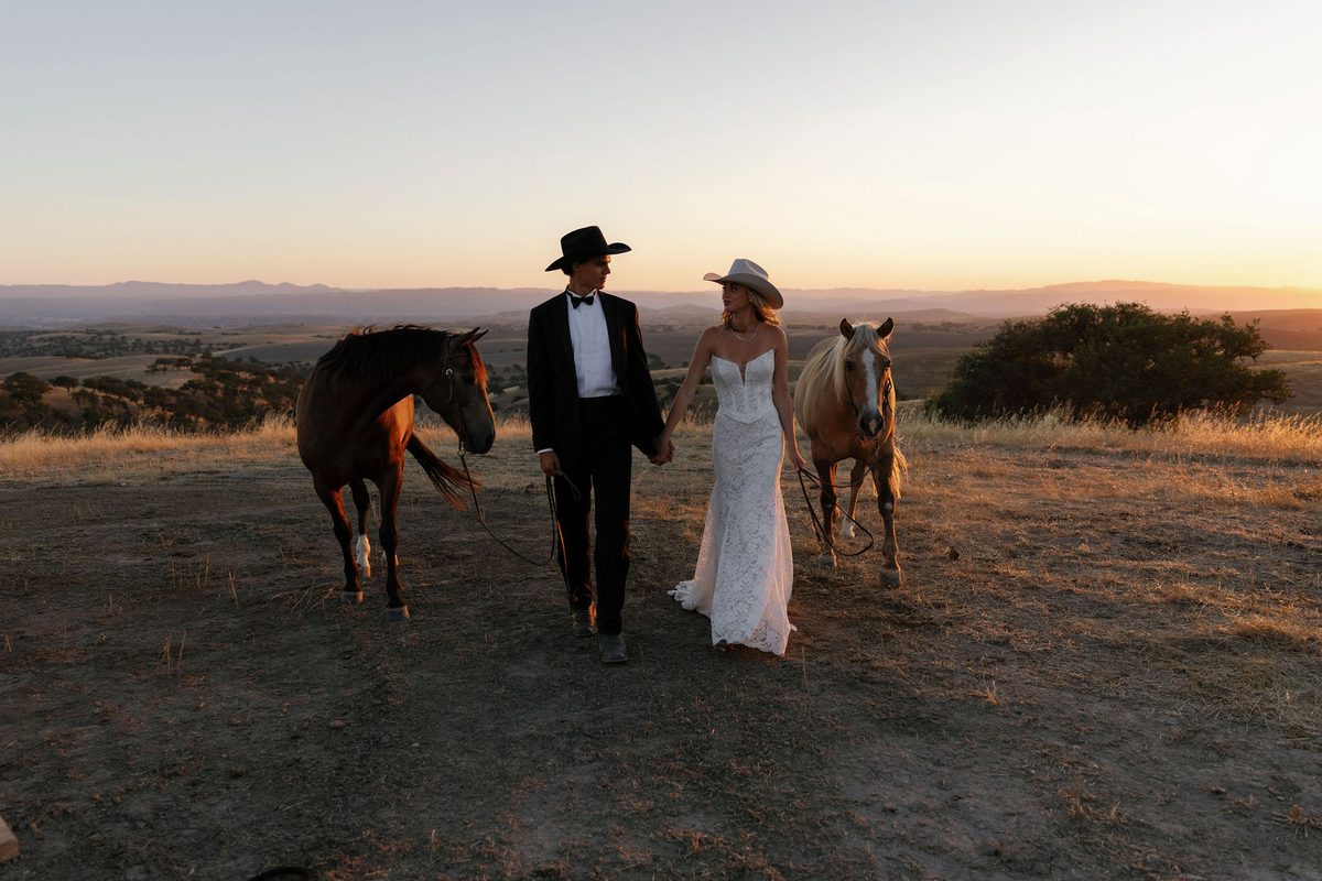 The couple leading two horses along the ridge at sunset