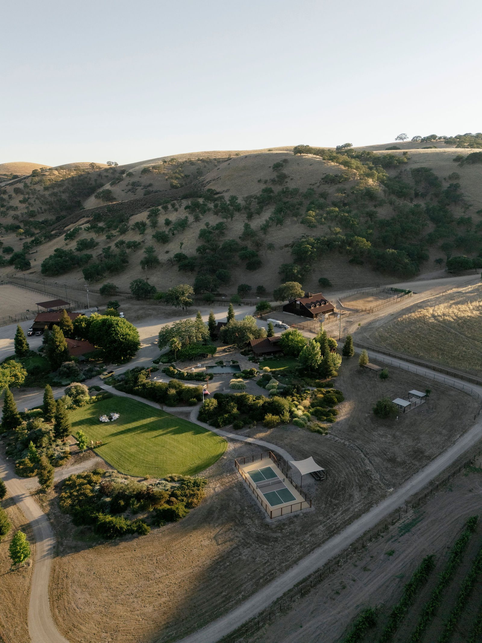 Aerial view of the vineyard road leading to the ranch