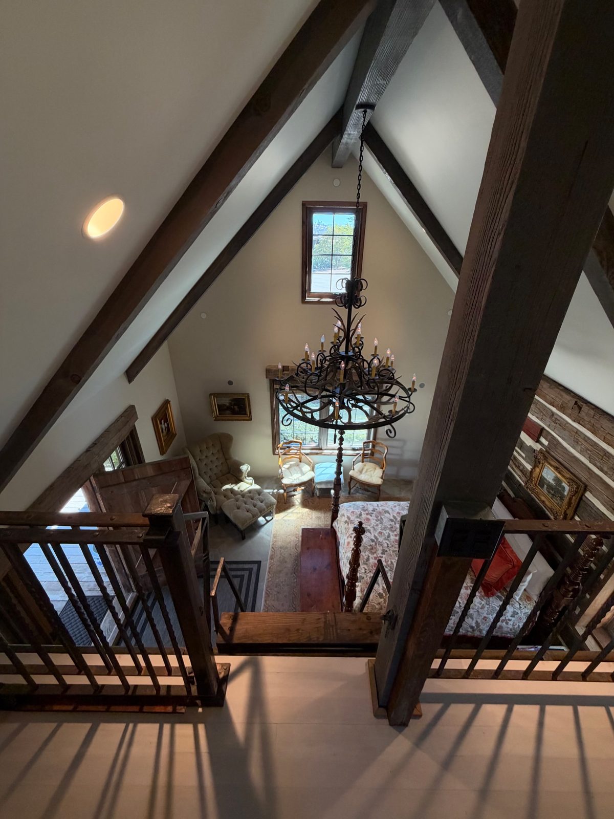 The loft, looking down into the guest room